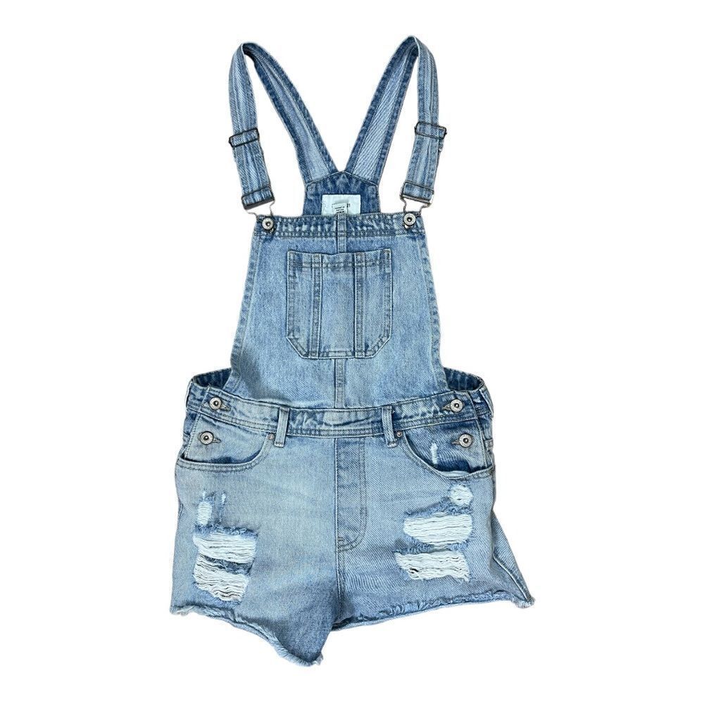 Forever 21 Blue Denim Jean Adjustable Raw Hem Overalls Shortalls Distressed